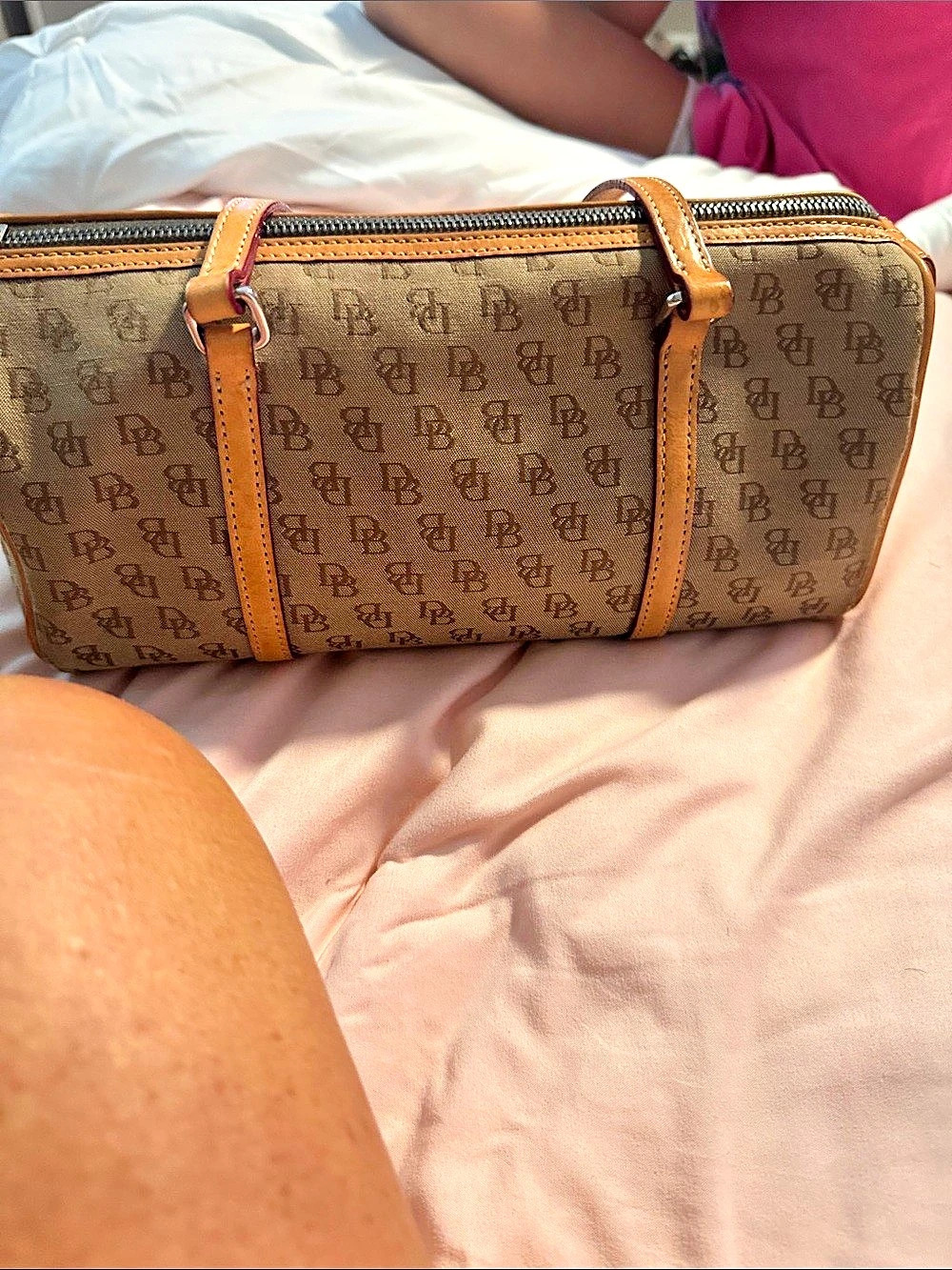 Dooney & Bourke Signature DB Monogram Barrel Bag Tote Brown & Beige
